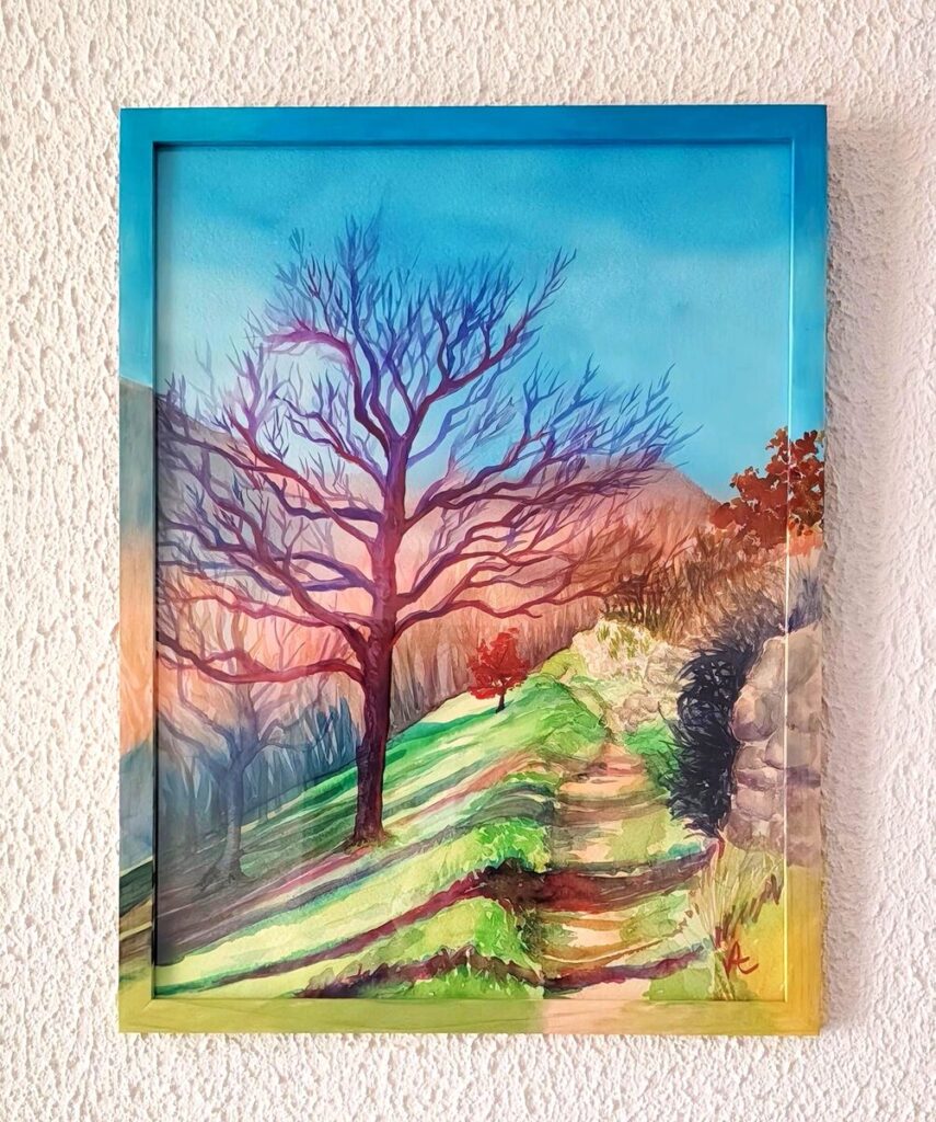 aquarelle de valerie houchard série chemin, représentant un arbre mauve