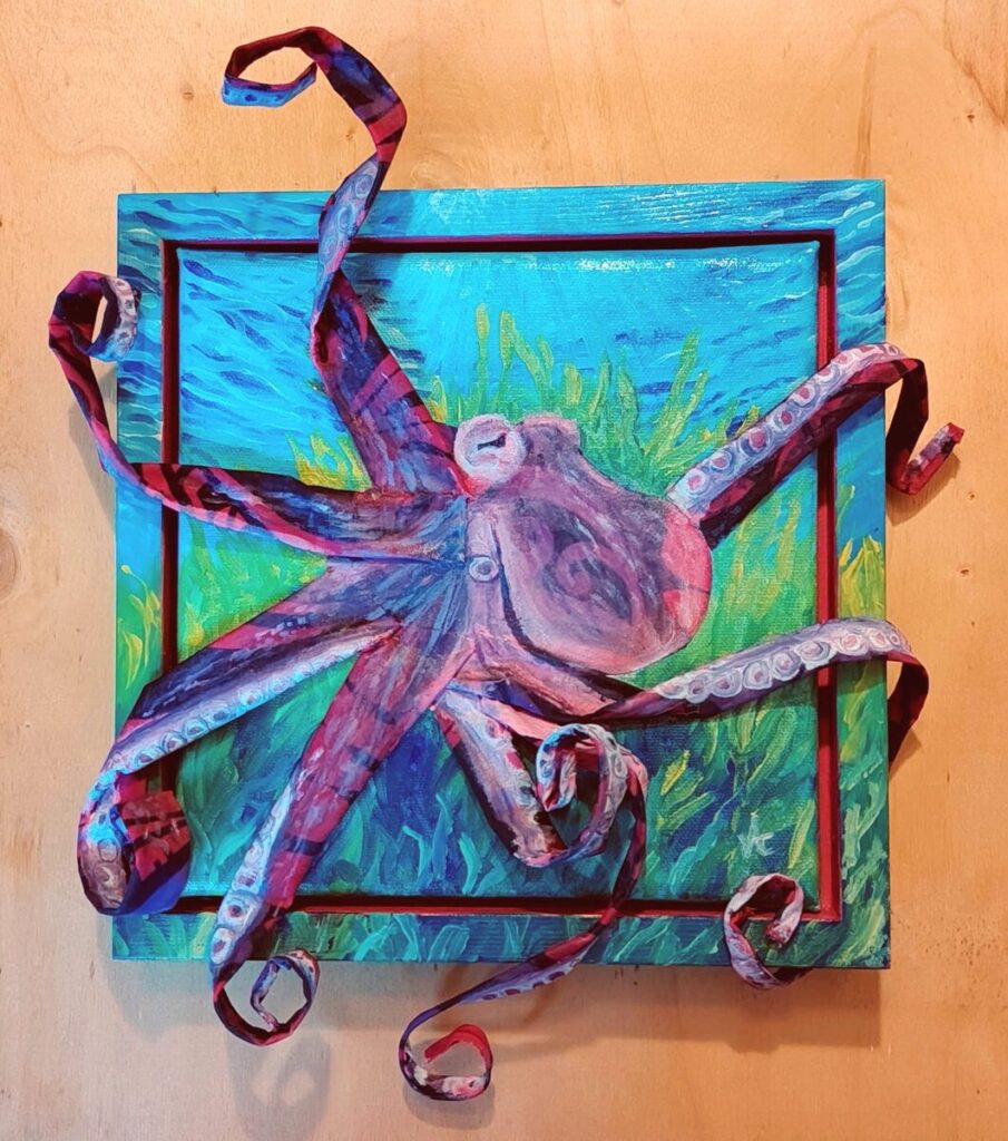 peinture à l'huile en relief de valérie houchard, représentant un poulpe, titre intelligence