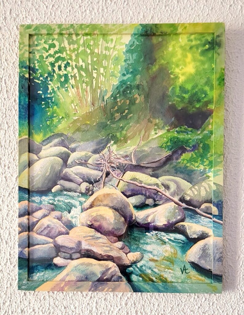 aquarelle de valérie houchard, représentant une rivière, la Castellane titre la sérénité de l'eau vive