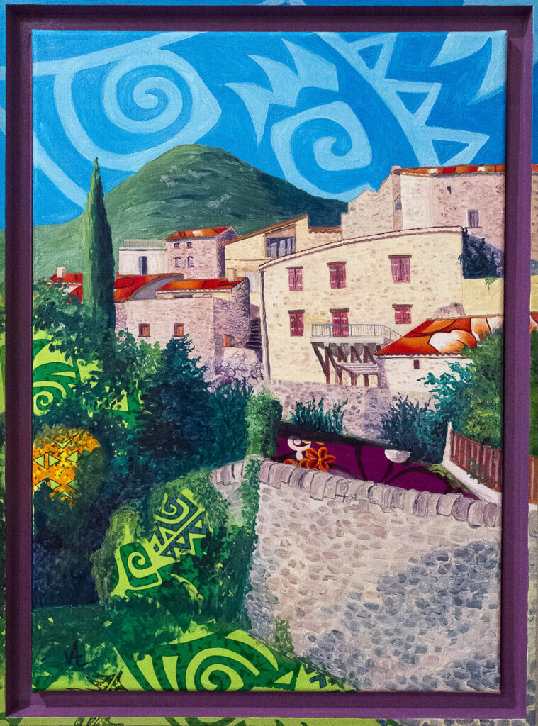 Toile de valerie houchard, série Campôme, titre les maisons. Collage de tissus polynésiens et peinture à l'huile